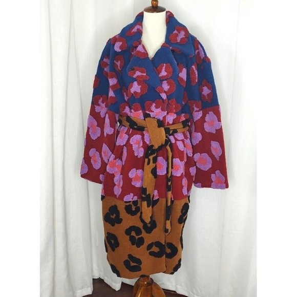 FARM Rio Coat L Mixed Leopards Fleece Coat Pink Multi Belted Cozy - Picture 6 of 15